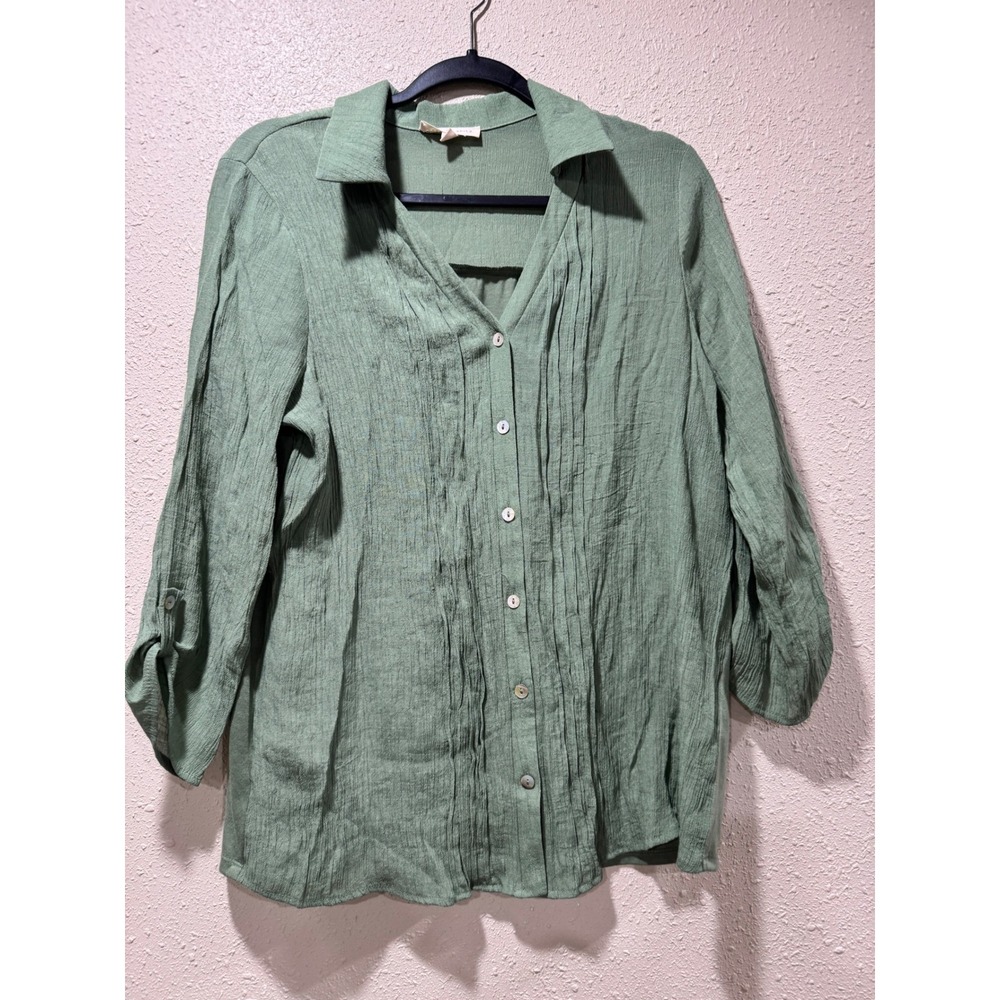 Parallel Skies Womens Sage Green Pintuck Button Down 3/4 Sleeve Blouse Size L
